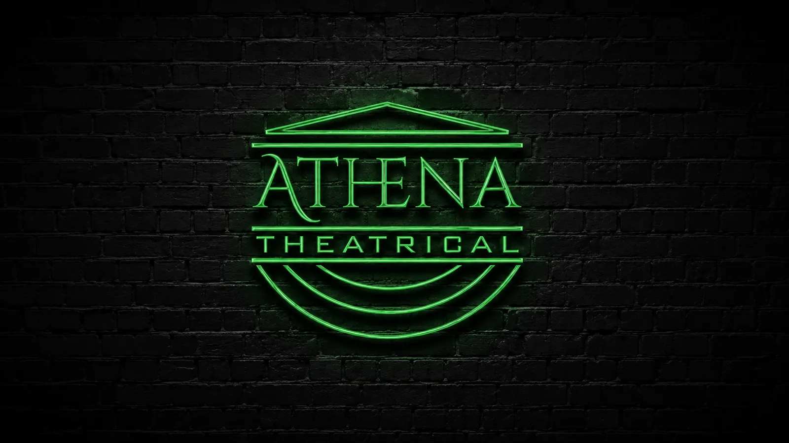 Athena Theatrical neon logo on a brick wall